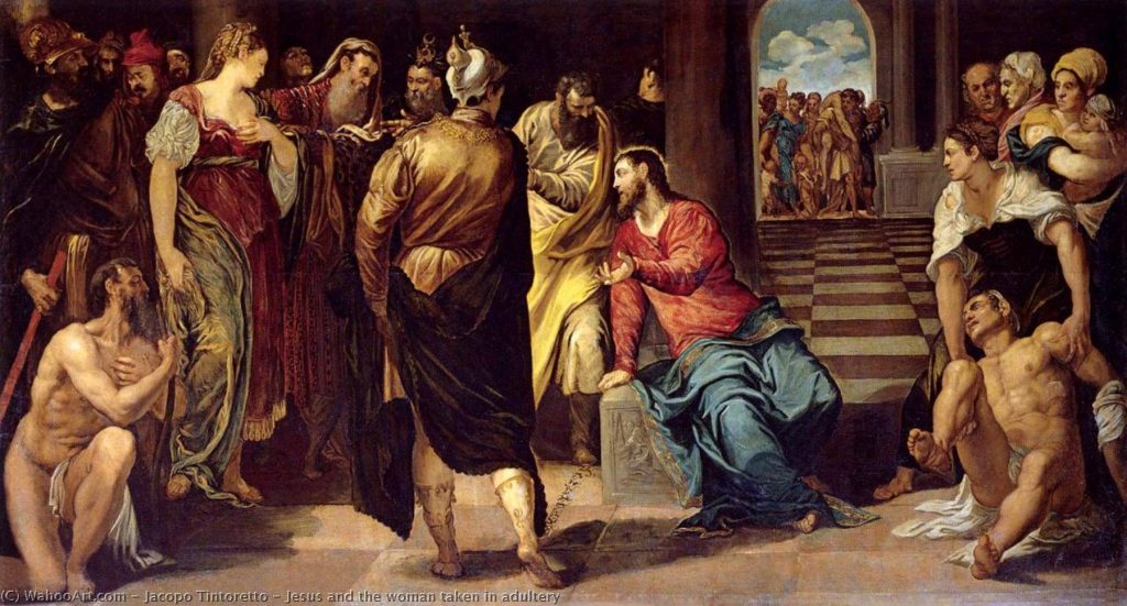This image has an empty alt attribute; its file name is Jesus-and-the-woman-taken-in-Adultery-Tintoretto-1024x551.jpg
